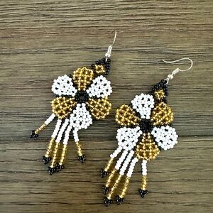 Artisan Made Flower Beaded Earrings in Golden and White Colors